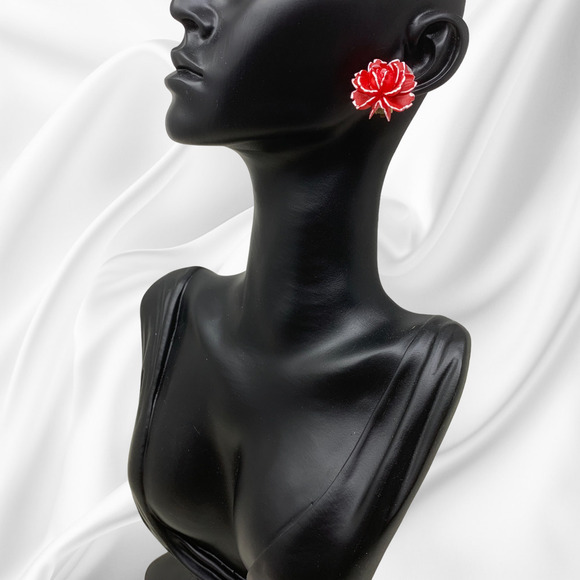 Vintage 1960's Red Carnation Resin Spring Floral Earrings & Brooch Set Clip On - Picture 2 of 5